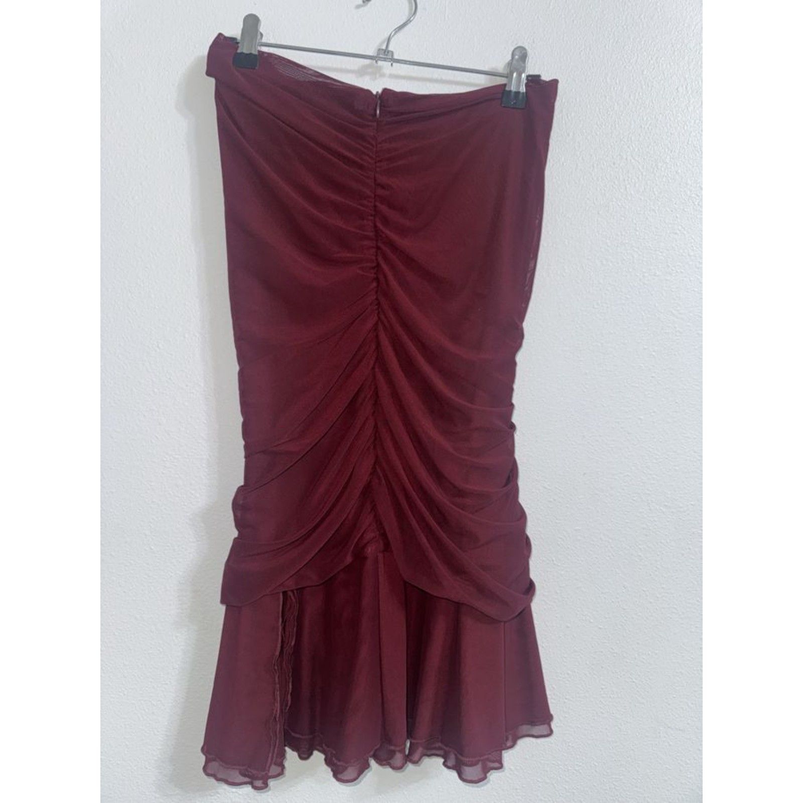 White Fox Burgundy Ruched Mesh Mini Dress L Strapless Ruffle Bodycon Wine Sexy — image 4 of 5